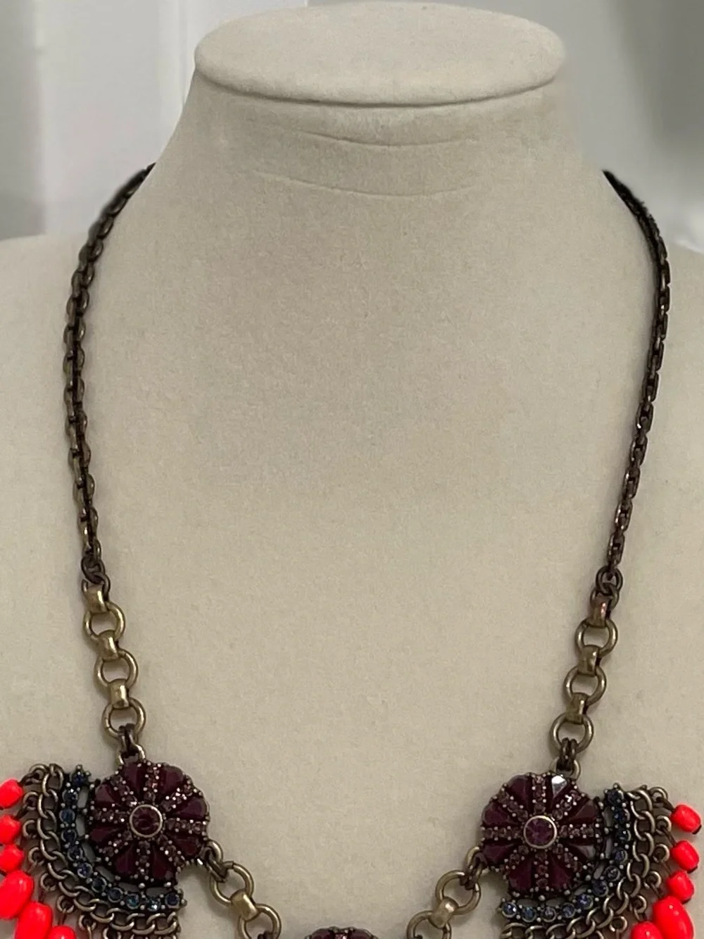 J Crew Statement Purple Blue Neon Coral Floral Necklace Boho Glam Festival